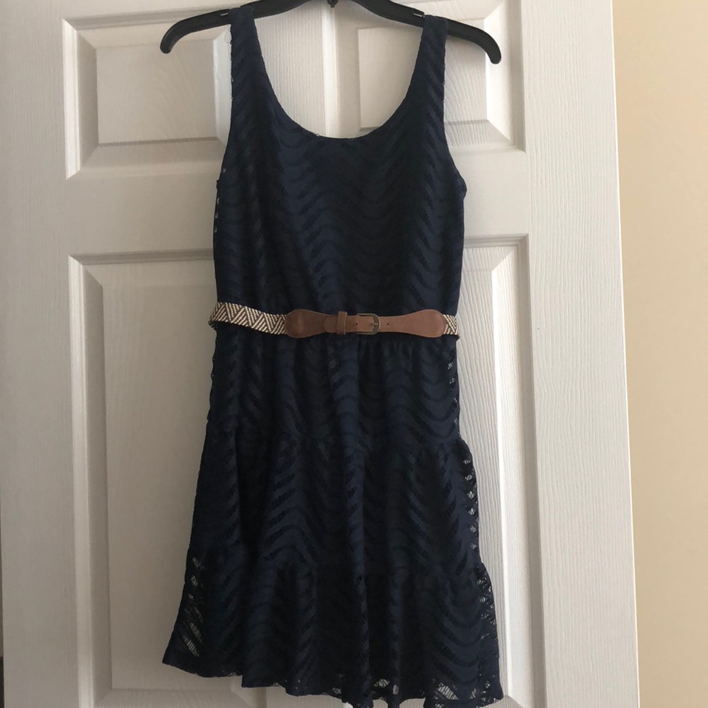City Triangle belted lace navy blue dress